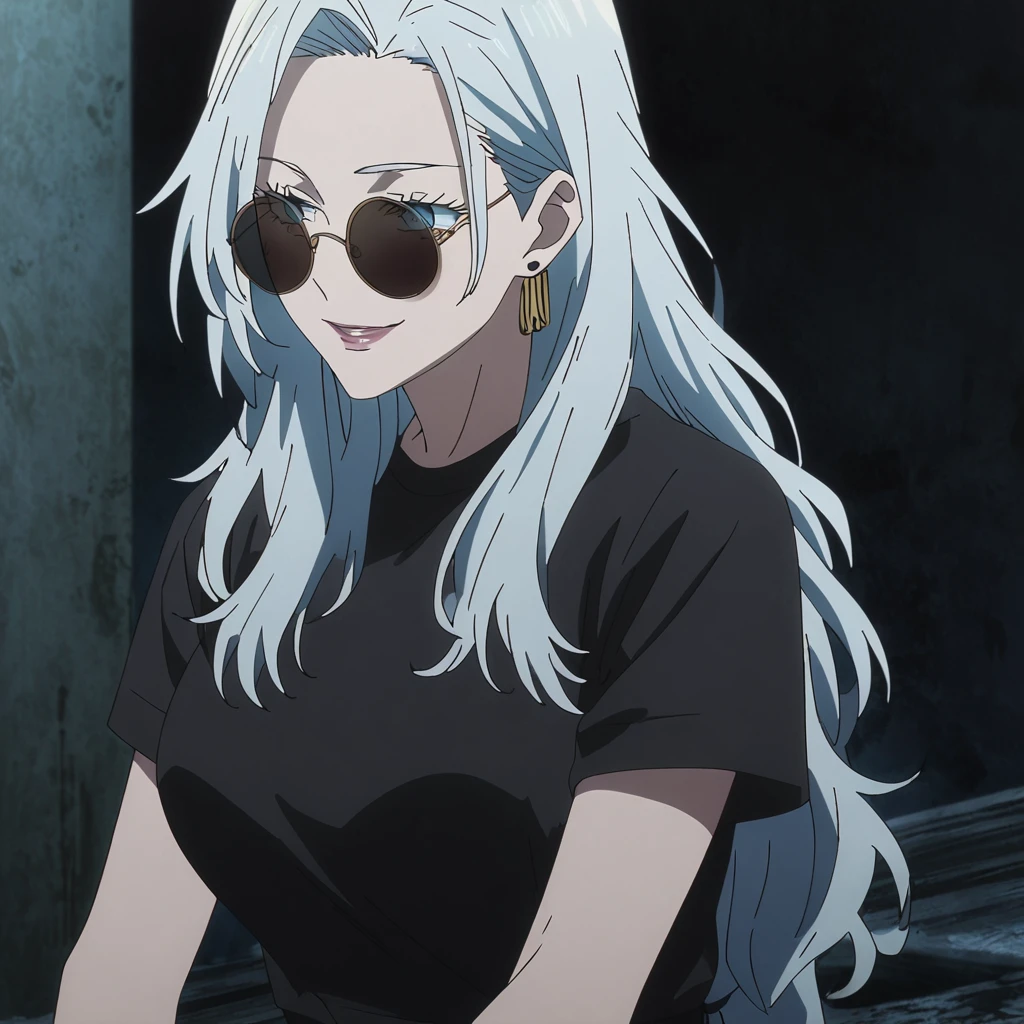 1girl, female gojo satoru, anime screencap from jujutsu kaisen, gojo satoru female version, solo, long_hair , ((wearing round sunglasses)) ((White_hair, hair slicked from one side)), night view, (hanging breasts) upper_body, smile,((dark room)) lips, (long hair) ((wearing black colour t shirt and pant)) breast, "very detailed and high resolution"  ((solo)) (((front view))) (earings) ((high resolution)) ((good quality)) ((silky hair, hair slicked from one side)) ((sitting))