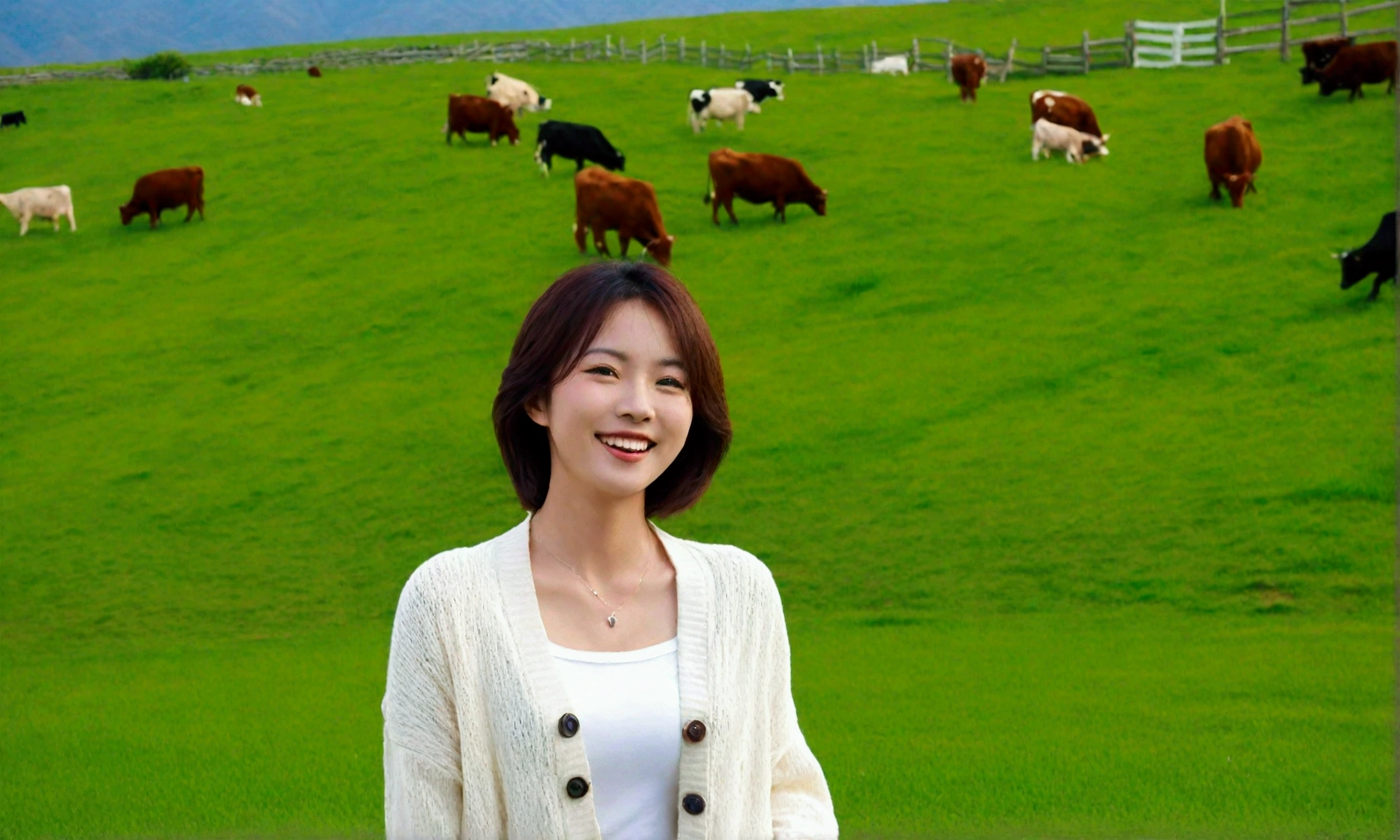 high quality, 1 woman, ((36 years old 건강한 한국 여성)), ((36 years old)), 1 woman, Your eyes are big and pretty. ((slim)), ((short medium hair)), laugh. pose: standing, white t shirt, short cardigan, white casual pants, background: 1 woman, California, pasture, cattle, grass. Use 16-35 wide angle lens , Look up to the side, cattle가 풀을 뜯는다,