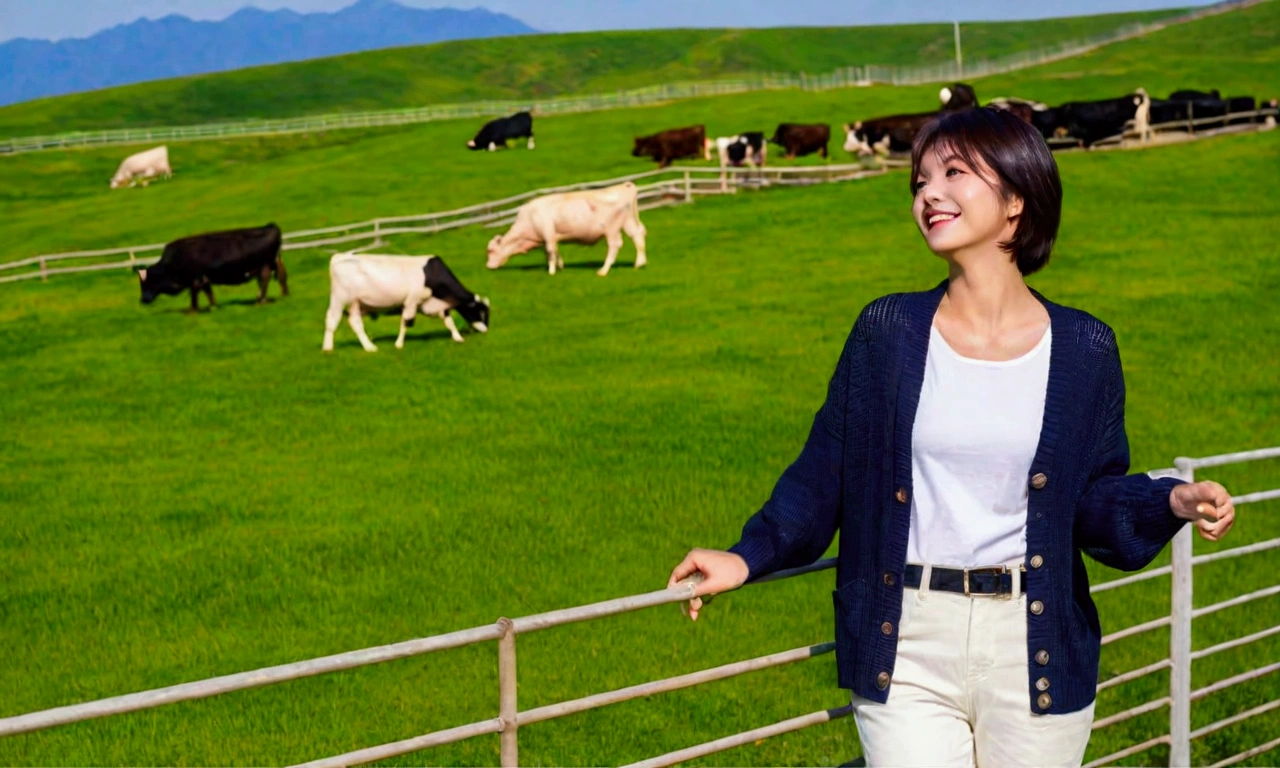 high quality, 1 woman, ((36 years old 건강한 한국 여성)), ((36 years old)), 1 woman, Your eyes are big and pretty. ((slim)), ((short medium hair)), laugh. pose: standing, white t shirt, short cardigan, white casual pants, background: 1 woman, California, pasture, cattle, grass. Use 16-35 wide angle lens , Look up to the side, cattle가 풀을 뜯는다,