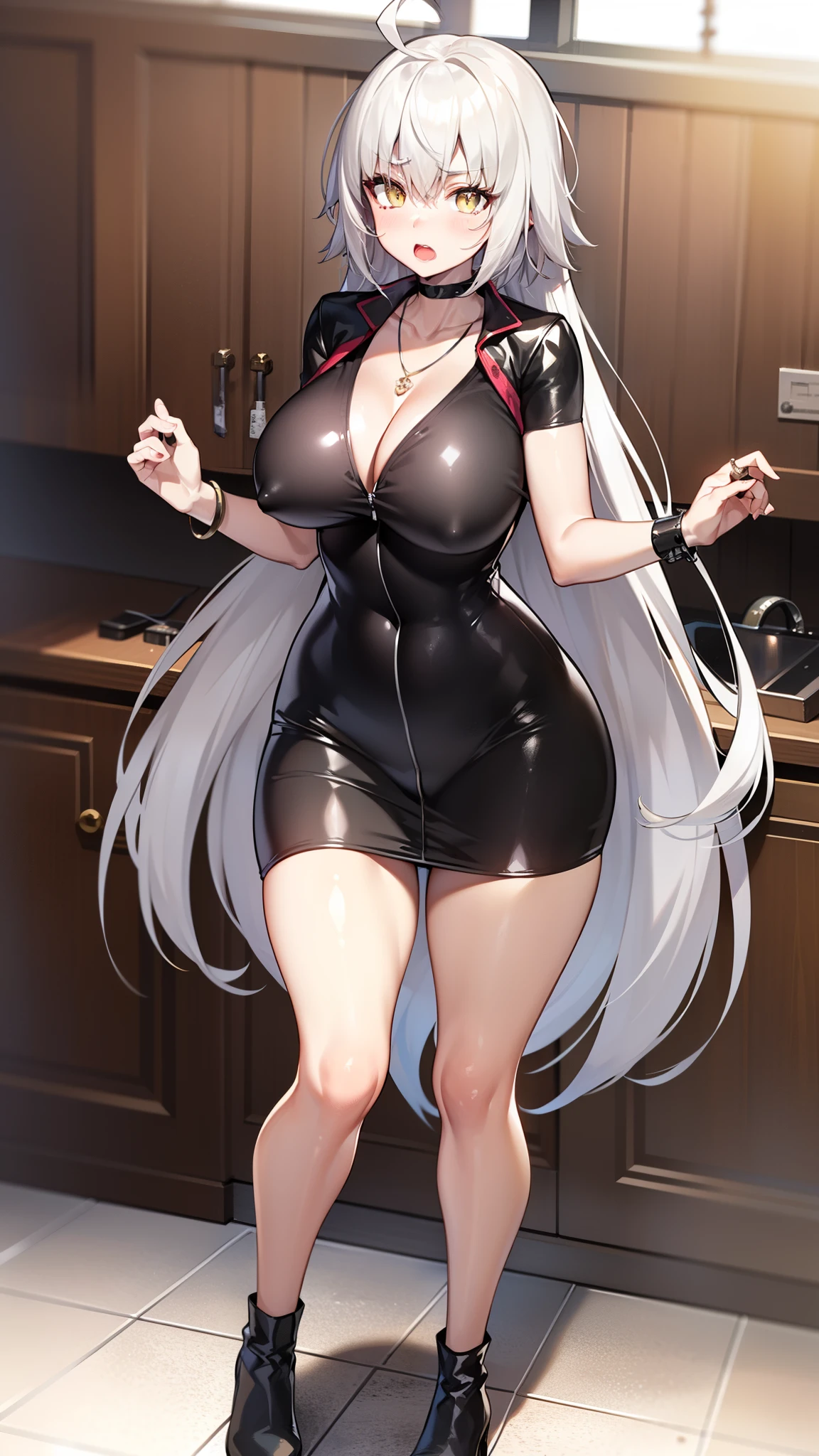 ,Open mouth,large breasts,,wide hips,,white hair,blush,,indoor,milf,from front,,choker,armlet,,make-up,rouge,mascara,,necklace,gleaming skin,in heat, blank eyes,drunken eyes,,large breasts,silver hair,,yellow eyes,narrow waist,,,perfect anatomy,,,milf ,gleaming skin,necklace,view viewer,from front, ahoge, ,necklace,,,view viewer, ,very long hair,leggings,training room,full body