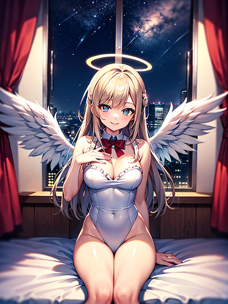 (masterpiece:1.2), hyper detail, best quality, (intricate_details:1.1), beautiful detailed, solo, 
1girl, halo, yellow eyes, Medium Breasts, long hair, hair ornament, angel wings, hair flower, light brown hair, hair between eyes, nagisa ,
(Open white shirt, disheveled black bra),  
(sweating:1.2),(steam),(heavy breathing:1.2), armpits, (trembling body:1.4),,(cry:0.4),from above,shoulder,cleavage,dark,backlighting, 
shoulder focus,breasts focus,greasy breasts,breasts focus, shoulder focus,pov,upper body, outdoor, (lying on bed:1.3), on back ,
open mouth, (large breasts:1.2), (Nose Blush:1.2), empty eyes, blank eyes, Perfect figure, Arched back, , , orgasm, afterglow, erotic smile, torogao,