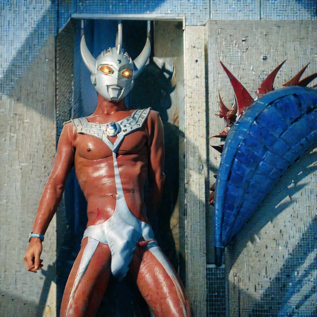 1 man, solo, 4k, 8k, ultraman taro pin up, photo realistic, bara, nude, naked body, slim body, human skin color, hairy body, head only ultraman taro with naked human body, small penis, shower room
