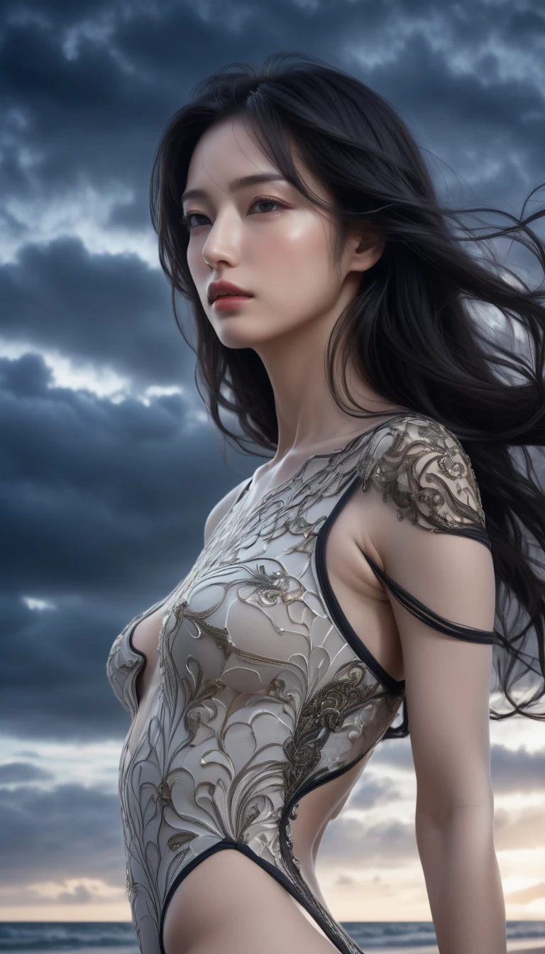 ((Masterpieces with up to 16K resolution:1.6)),Highest quality,it is really amazing,Very detailed,Ultra-high resolution,((Real:1.5)),((Realistic:1.5)),Increased depth of field,((Cinematic Light Effects:1.5)),
Elegant mature woman,
Long black hair,((Ultra-detailed and beautiful faces:1.5)),Translucent white skin,Very detailedな肌の質感,Great proportions,Anatomically correct body,
Elegant high leg swimsuit,Artistic design,Beautiful and detailed pattern,Luxurious jewellery decoration,Detailed fabric texture,
Coastal landscape at dusk,Dark clouds and dark sky,delay々Continuing sandy beach, Deserted Beach,Dark sea surface,
((Focus on a woman's face:1.5)),(((Dramatic Angle:1.8))),