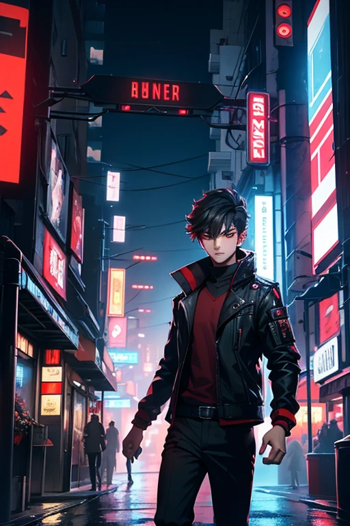 A  boy, dark hair, red eyes, a male individual, animated style, cyberpunk, illuminated street, High quality image, 4k, Movie, detailed face, detailed images