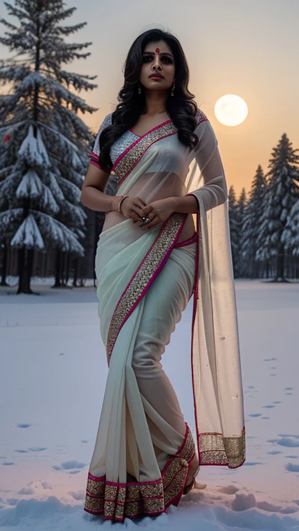 Indian bhabhi ji , (body brode pelvic fat less body big breasts beutifull square face shape wering saree  in winter snow fall seen moonlight hip shot