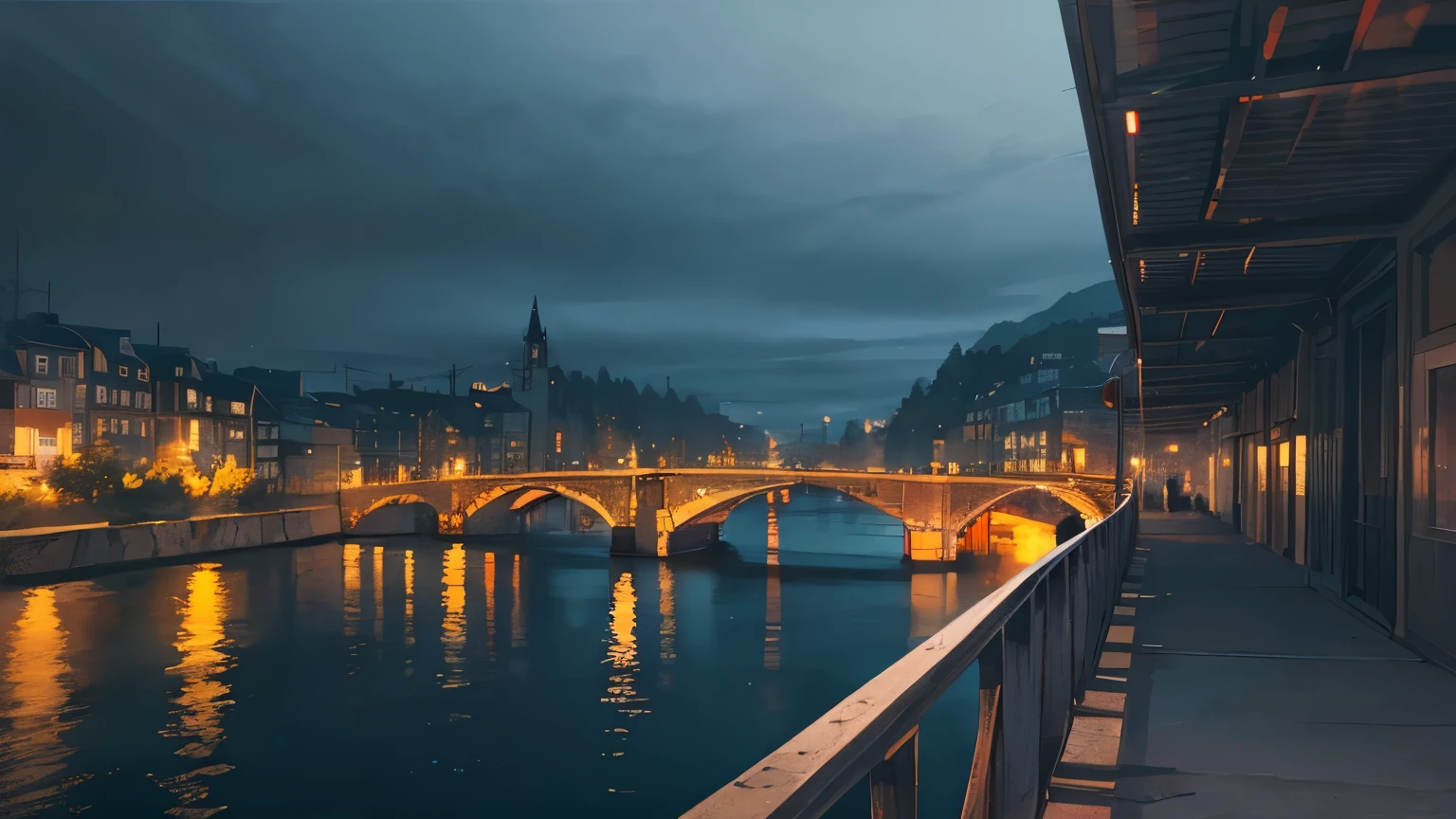((best quality)), ((masterpiece)), (detailed), mysterious atmosphere, Emotional atmosphere, colorful city night view, There is a bridge across a large river., distant landscape photography, 90&#39;s Japanese city feel
