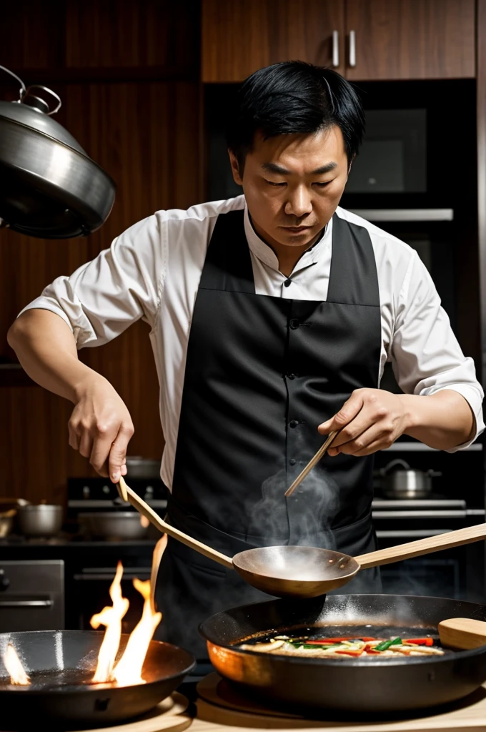 I would like a cover where you can see a Chinese Asian man cooking in a wok with a mysterious aura, almost a Tim Burton-style murderer&#39;s aura.