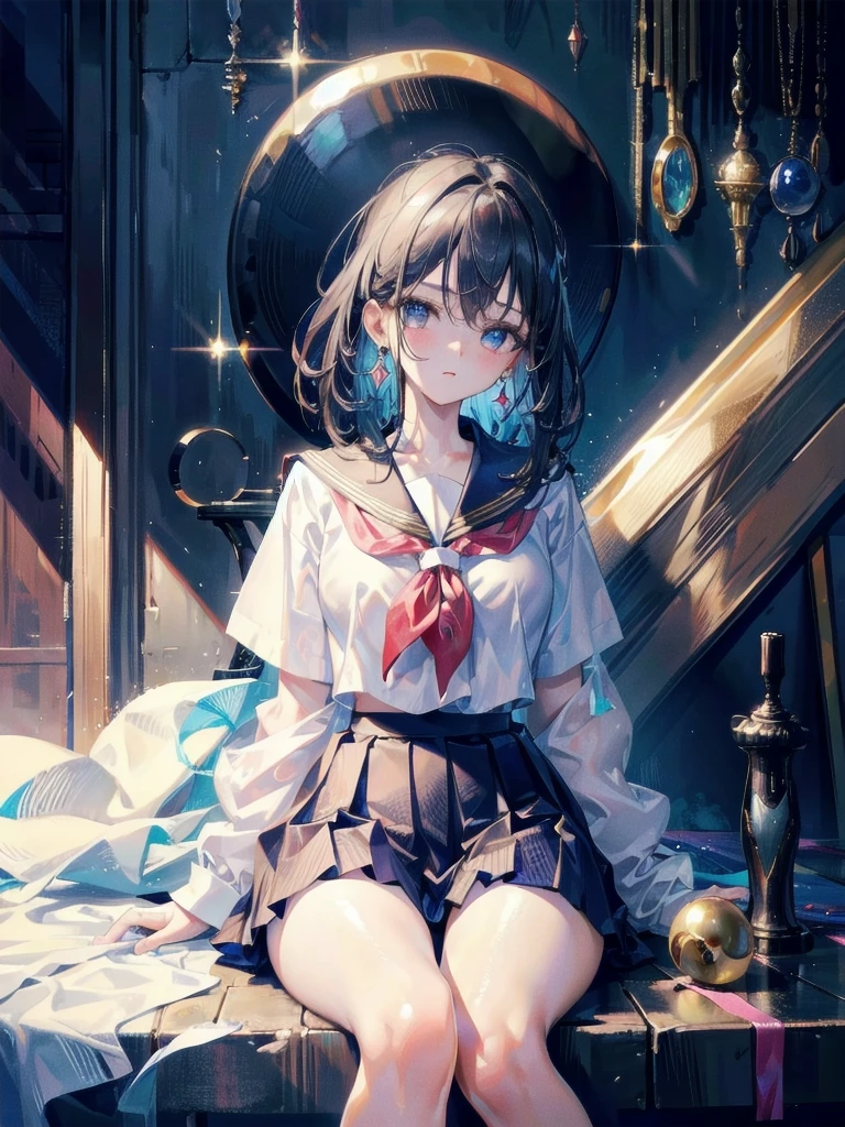 absurdres, RAW photo, extremely delicate and beautiful, masterpiece, Best Quality, ultra high resolution, 32k, hyperrealistic, ultra-detailed, perfect anatomy, anatomically correct, perfect figure, super Detailed skin, 20 years old, very Slim body, narrow waist, very small head, very small face, delicate facial features, detailed face, detailed eyes, tearful mole, earring, thin legs, bare legs, ((very huge round breasts)), short medium hair, ((wavy hair)), wet clothes, ((school uniform)),