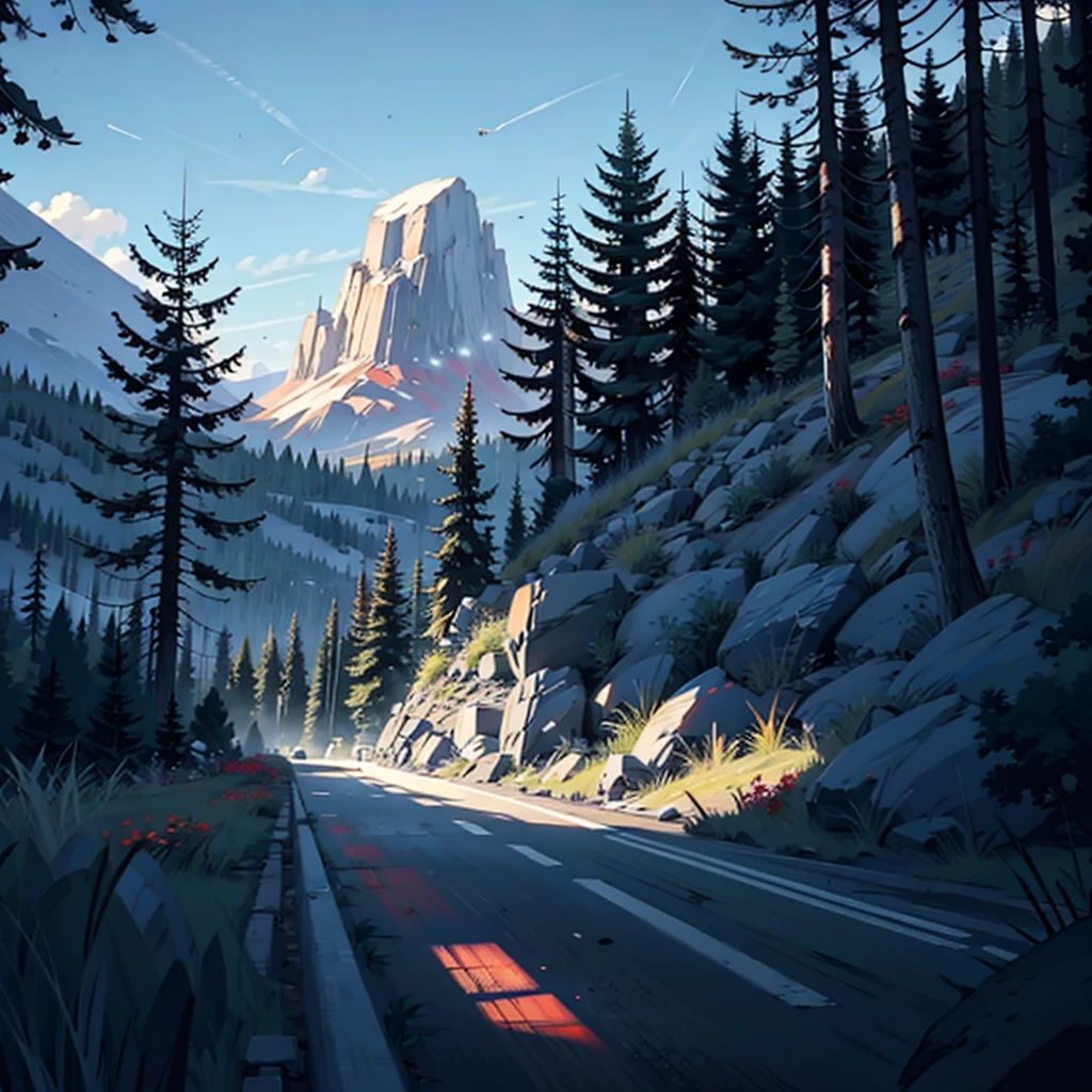 Road in the foreground and mountains and trees in the background
