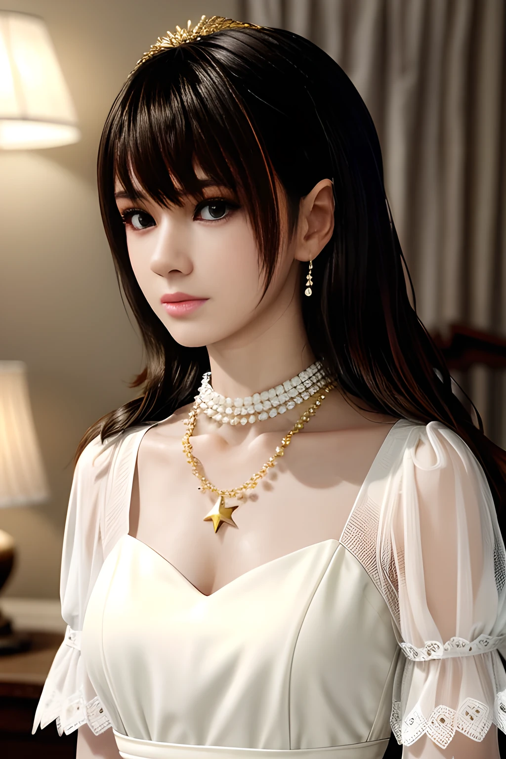 1girl is wearing a graceful white dress with a pearl necklace. The dress is adorned with delicate lace and has capped sleeves. The fabric is embellished with sparkling accents resembling stars. The person is also wearing a gold bracelet on their left wrist. Their hair is styled in an elegant updo, and they are wearing dangling earrings. The background features an indoor setting with soft lighting, a floor lamp, and translucent curtains that let in gentle daylight, creating a serene and sophisticated atmosphere,Nanami