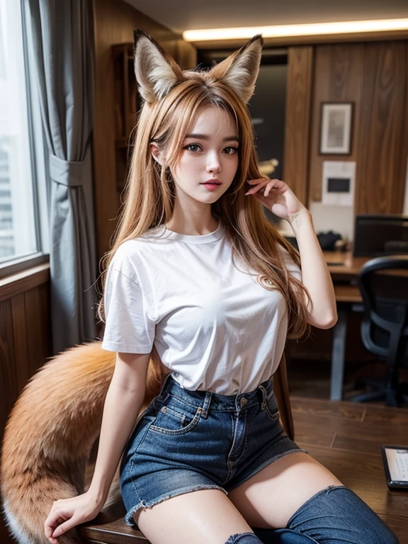 ((Highest quality)), ((masterpiece)), (Familiar), Perfect Face, fox lady, Pretty girl, Fox Ears, Fox tail, She has a northern fox tail, She wags her fluffy tail, She is a pretty office worker., Beautiful hip line, Thick thighs, One big tail, The tail is sticking out of the pants, Nice body, Shyly staring at his tail, Only one tail, a shy face