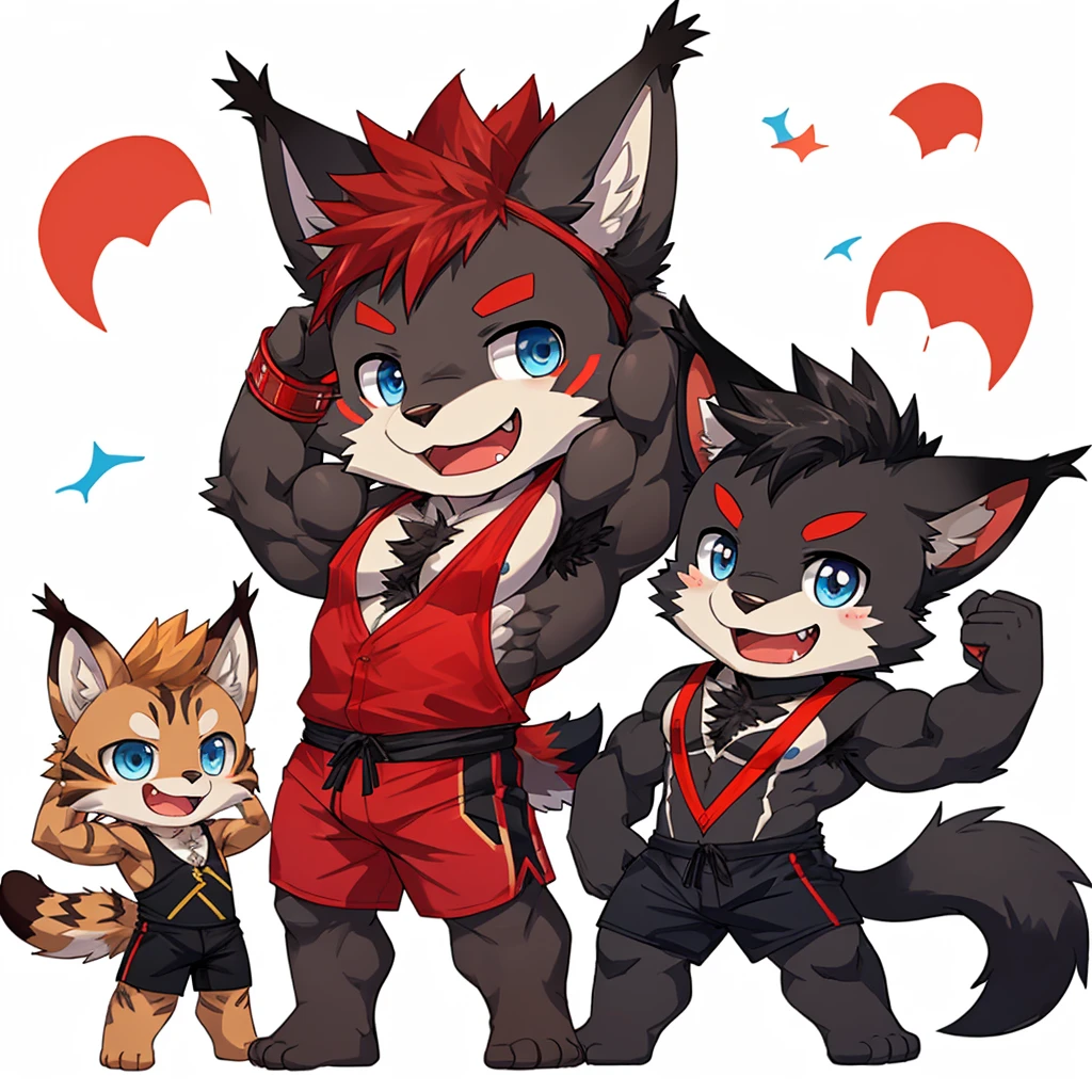 ((Furry lynx cat)), ((chibi)), chibi, chibi, chibi, chibi, body fully covered in black fur, ((fully covered in black fur)), ((black fur)), sharp fangs, sharp teeth, summer shorts outfit, cute, blue eyes, red chest hair, red eyebrows, red armpit hair, black nose, black tail, black tail with red tip, red whiskers, happy, smile, correct Anatomy, correct hand, ((white background)), (Acting happy), (hands up), enjoy, ((front view)), full body, sexy, (flexing), (muscle), black tail, black tail red tail tip, red eyebrows, red chest hair, red armpit hair, chibi, chibi, chibi, chibi