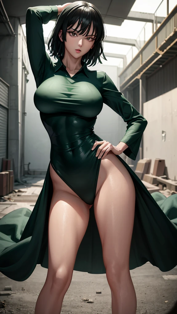 (Highest quality,8k,32k,masterpiece,Hyper HD),One woman,fubuki, Perfect body,Highly detailed face,Large Breasts,Black Hair,Green clothes,Very tight collared one piece dress、cowboy shot, In an abandoned warehouse, sexy pose, bewitching pose, model posing