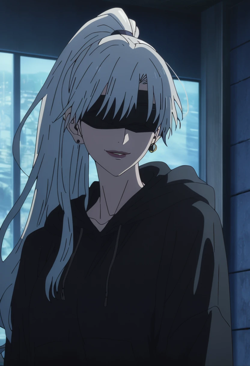 1girl, female gojo satoru, anime screencap from jujutsu kaisen, gojo satoru female version, solo, long_hair, ((wearing black blindfold)) ((White_hair, high ponytail)), night view, (hanging breasts) upper_body, smile, indoors, book, lips, (long hair) ((wearing black colour hoodie )) breast, "very detailed and high resolution" (black blindfold) ((solo)) (((front view))) (earings) ((high resolution)) ((good quality)) ((silky hair, high ponytail)) 