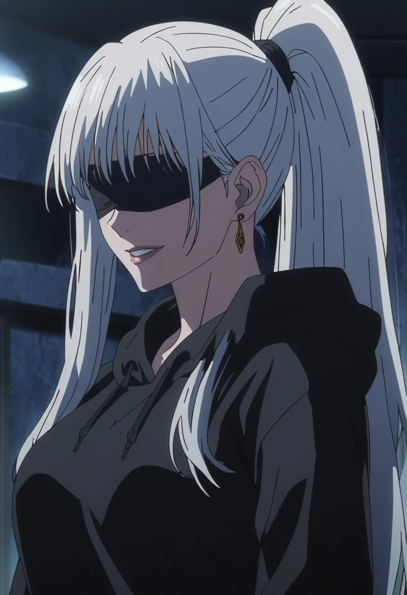 1girl, female gojo satoru, anime screencap from jujutsu kaisen, gojo satoru female version, solo, long_hair, ((wearing black blindfold)) ((White_hair, high ponytail)), night view, (hanging breasts) upper_body, smile, indoors, book, lips, (long hair) ((wearing black colour hoodie )) breast, "very detailed and high resolution" (black blindfold) ((solo)) (((front view))) (earings) ((high resolution)) ((good quality)) ((silky hair, high ponytail)) 