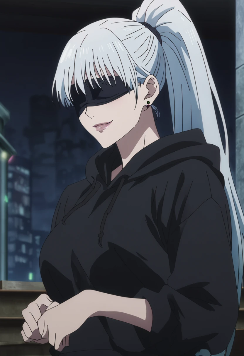 1girl, female gojo satoru, anime screencap from jujutsu kaisen, gojo satoru female version, solo, long_hair, ((wearing black blindfold)) ((White_hair, high ponytail)), night view, (hanging breasts) upper_body, smile, indoors, book, lips, (long hair) ((wearing black colour hoodie )) breast, "very detailed and high resolution" (black blindfold) ((solo)) (((front view))) (earings) ((high resolution)) ((good quality)) ((silky hair, high ponytail))