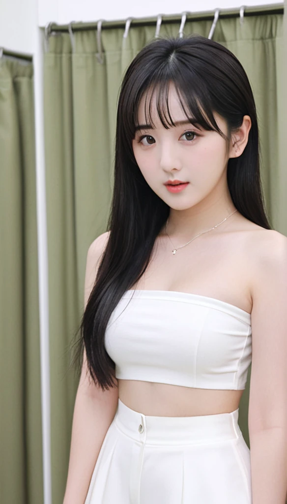close-up of beautiful South Korean, Eunha is a VIVIZ South Korean pop girl group, age 18 years old girl, youthful face, perfect body, white body skin, long cut, standard black hair, straight hair, flat bangs cut, 32 inches breasts size, wearing a plain standard light white strapless tube top, wearing a tight camouflage seamless spandex boyshort pant short leggings, Eunha stands on the female-only military bedroom camp, Eunha holding breasts with her own two hands is very sexy and sigh, Eunha squeezes the breasts very seductively, Eunha lowered her strapless tube top a little bit, I held my hair delicately, then I held the scissors in my right hand, then cut my hair using the scissor tool while sighing and sexy, strand after strand of Eunha’s hair fell, pieces of Eunha’s hair now filled the floor around where she was sitting, strand after strand of Eunha’s hair fell down, pieces of Eunha’s hair now filled the floor around where she was sitting, ((Eunha’s cuts her own hair using a scissor)), ((Eunha’s looks sighing and teasing while cutting her own hair using a scissor)), ((the remaining hair pieces were scattered on the female-only military bedroom camp floor)), ((strands of Eunha’s hair fell down)), ((the remaining hair pieces fell under the floor), sexy looking pose, pose a naughty look, pose looks seductive, at the female-only military bedroom camp, female-only military bedroom camp background, UHD