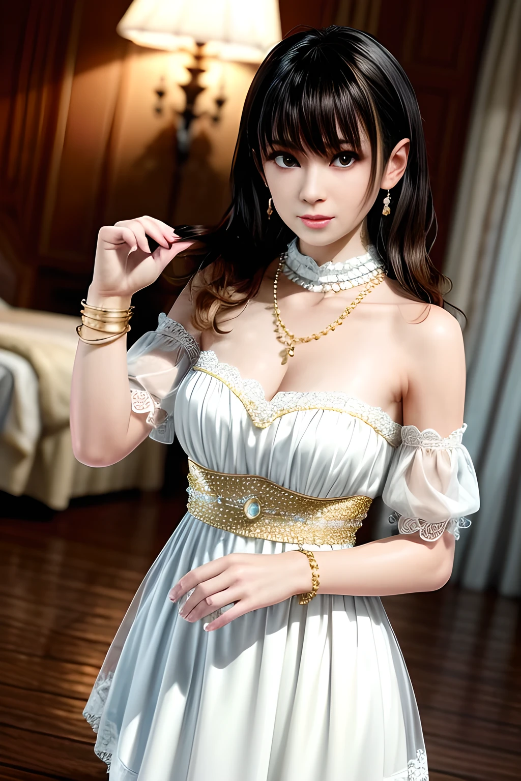 1girl is wearing a graceful white dress with a pearl necklace. The dress is adorned with delicate lace and has capped sleeves. The fabric is embellished with sparkling accents resembling stars. The person is also wearing a gold bracelet on their left wrist. Their hair is styled in an elegant updo, and they are wearing dangling earrings. The background features an indoor setting with soft lighting, a floor lamp, and translucent curtains that let in gentle daylight, creating a serene and sophisticated atmosphere,Nanami
