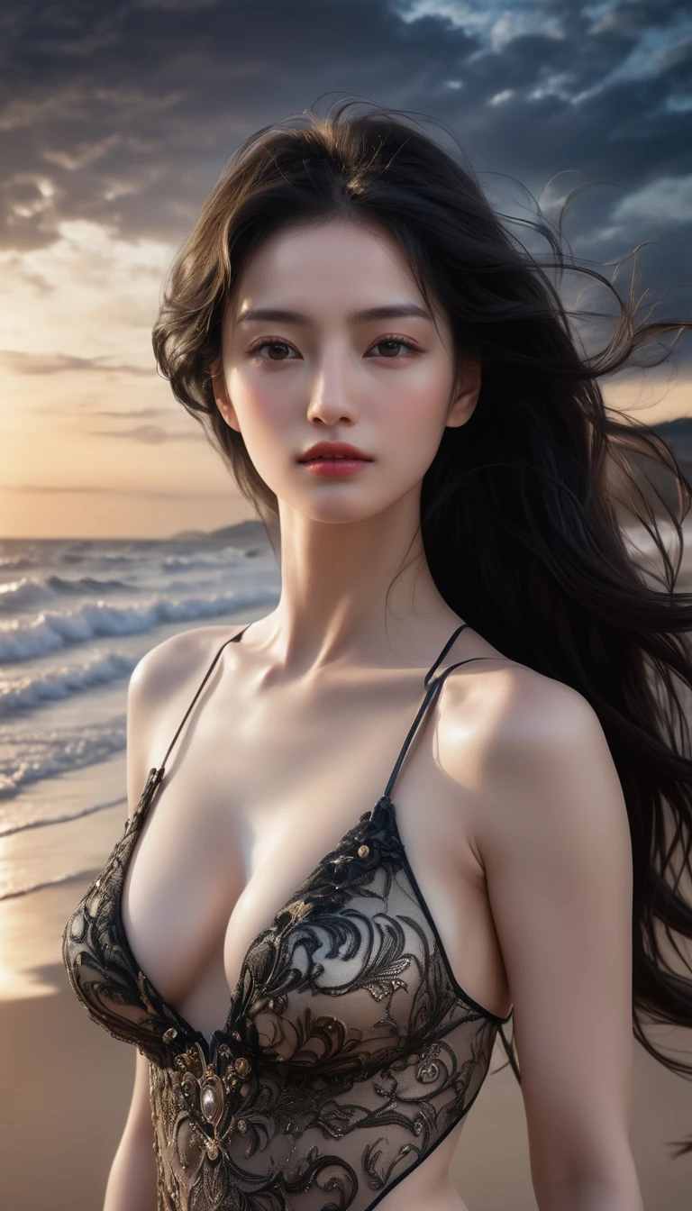((Masterpieces with up to 16K resolution:1.6)),Highest quality,it is really amazing,Very detailed,Ultra-high resolution,((Real:1.5)),((Realistic:1.5)),Increased depth of field,((Cinematic Light Effects:1.5)),
Elegant mature woman,
Long black hair,((Ultra-detailed and beautiful faces:1.5)),Translucent white skin,Very detailedな肌の質感,Great proportions,Anatomically correct body,
Elegant high leg swimsuit,Artistic design,Beautiful and detailed pattern,Luxurious jewellery decoration,Detailed fabric texture,
Coastal landscape at dusk,Dark clouds and dark sky,delay々Continuing sandy beach, Deserted Beach,Dark sea surface,
((Focus on a woman's face:1.5)),(((Dramatic Angle:1.8))),