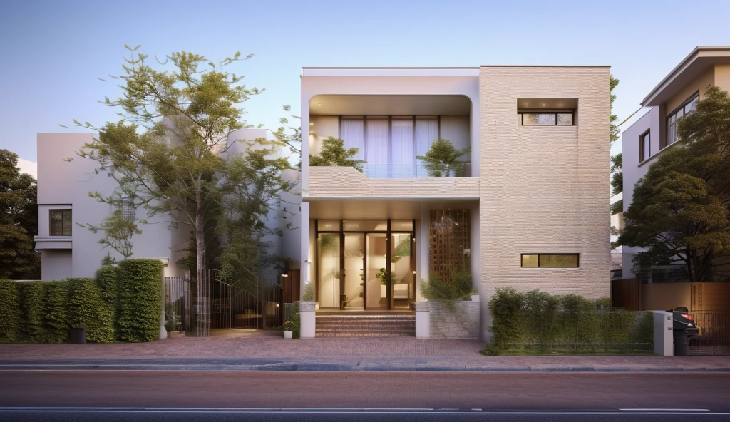 rendering of a modem residential townhouse, prrofessional render, wide anglee exterior 2023, highly detailed render, high quality rendering, realistic render, architectural render, high-quality render, detailed rendering, hyper-realistic render, hyper - realistic render, very rrealistic 3 d render, high render, rrealistic rendering, very realistic render