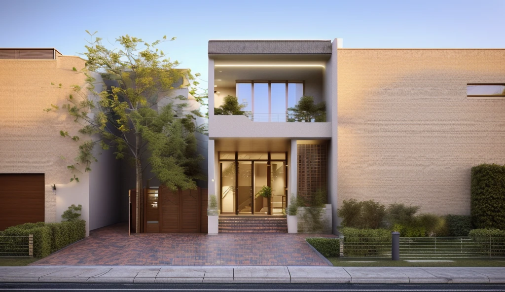 rendering of a modem residential townhouse, prrofessional render, wide anglee exterior 2023, highly detailed render, high quality rendering, realistic render, architectural render, high-quality render, detailed rendering, hyper-realistic render, hyper - realistic render, very rrealistic 3 d render, high render, rrealistic rendering, very realistic render