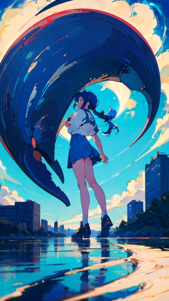Blue-haired long hair,Design clothing,Seven-doppelganger shot,Anime style 4K,Anime girl with teal hair,High quality anime art style,Standing painting,Splash ink background,Blue Themes、Pure white background,Buildings,Face close-up,Buildings,Moon and sun、Long legs, whale flying in the sky,giant whale,輝く星々,天の川,輝く空