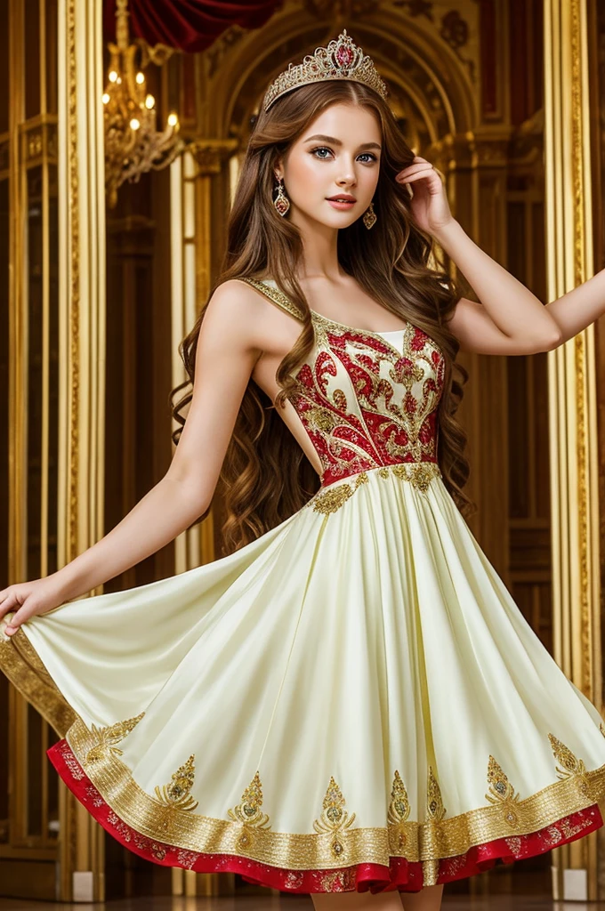 Princess, beautiful, long golden brown hair, green eyes, white skin, crimson red dress, angel appearance, dancing party, big and beautiful palace  