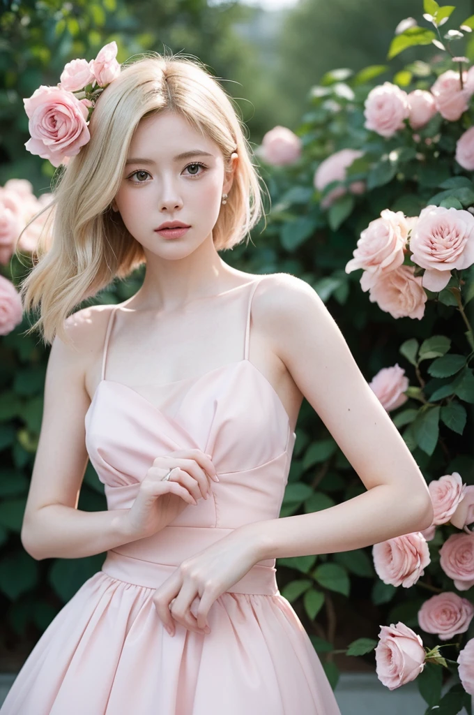 8K, RAW photos, Fujifilm, Fashion photo of a beautiful young woman Avril Lavigne in a light pink rose garden (Highly refined skin: 1.2) Style - Petal BREAK Short Hair, Blonde, Wearing a dress, Film granulation, 35 mm, Cute style