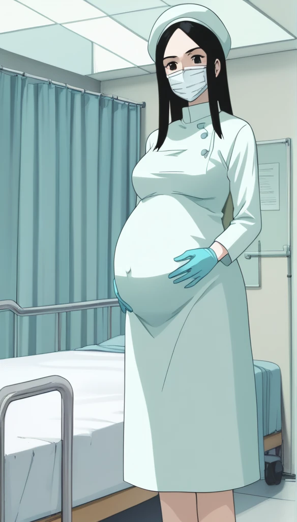 score_9, score_8_up, score_7_up, source_anime, raw image, masterpiece, highest quality, kasuganoray, pale skin, happy eyes, long black hair, big breasts, scrubs, surgical mask, bouffant cap, long sleeve maternity dress, put on another long sleeved coat, seamless, navel head, the dress isn't wrinkled, long white stockings,
1girl, pregnant, solo, long rubber gloves, looking down, look at viewer, furrowed brow, hospital bed, light shines from the ceiling, standing, patient room background, she is inquiring about the patient's condition