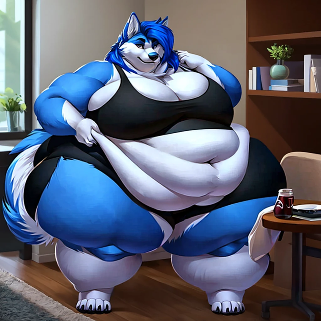 Malamute, female, long hair, huge breasts, huge hips, huge thighs, plump, voluptuous,chubby,fluffy cheeks, fluffy, fluffy tail,rolled up tail,wearing toga