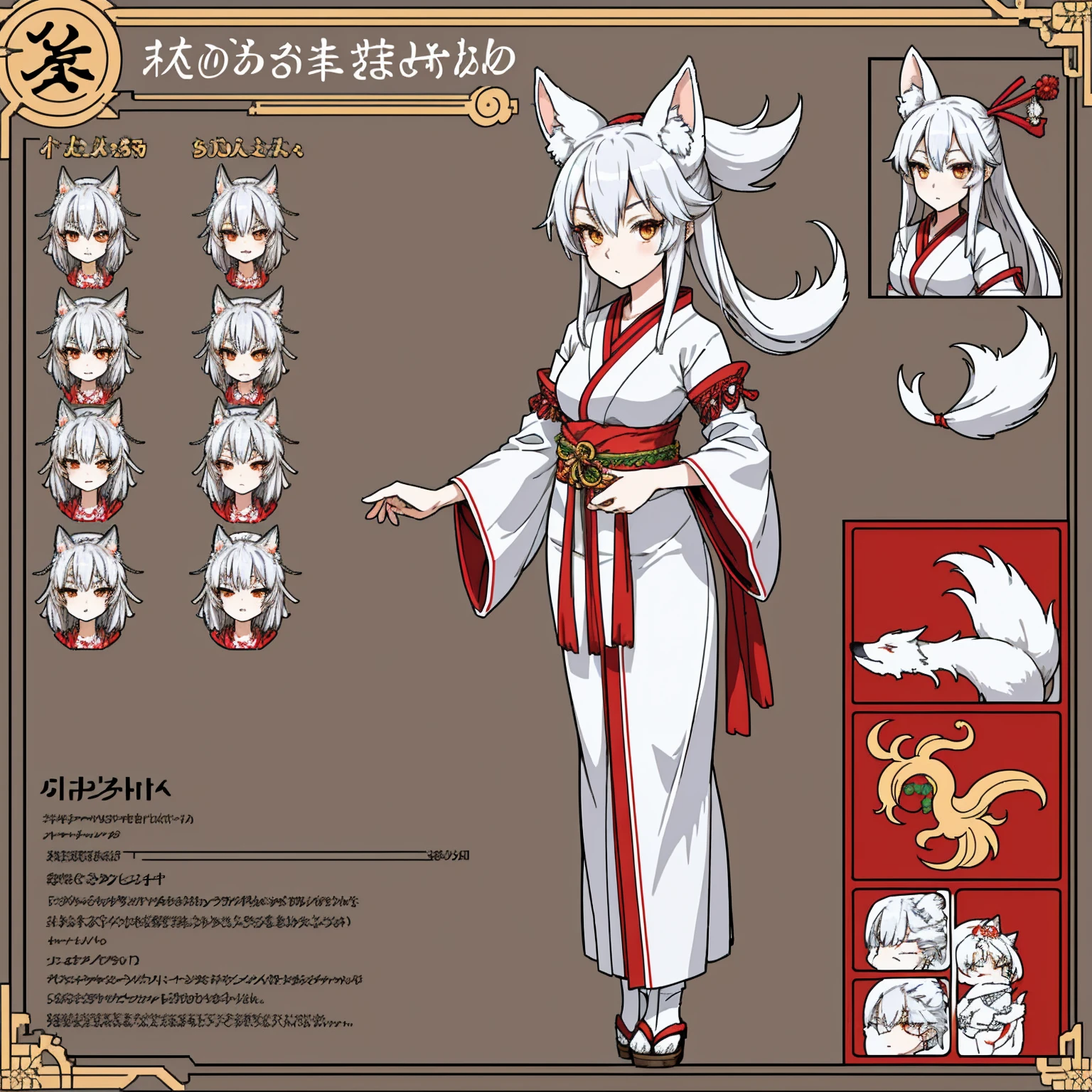 Character Sheet, A graceful wild fox girl with mostly silver hair, Japanese Shrine Maiden Costume, variation, Highest quality, pixel