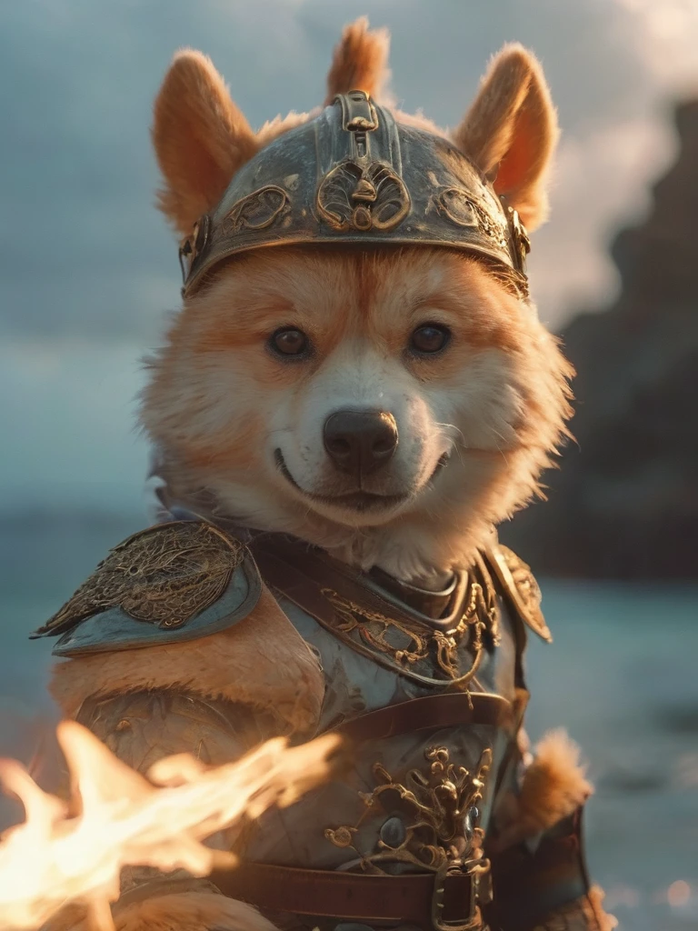 epic closeup of an angry anthro female Shiba Inu, fluffy full body fur wearing viking helmet and outfit, standing on a viking ship holding a viking sword with glowing runes, fire, smoke, stormy sea, shallow depth of field, vignette, highly detailed, high budget, bokeh, cinemascope, moody, epic, gorgeous, film grain, grainy, high quality photography, 3 point lighting, flash with softbox, 4k, Canon EOS R3, hdr, smooth, sharp focus, high resolution, award winning photo, 80mm, f2.8, bokeh, intricate details, HDR+, intricate details, Detailed Fluffy Fur, Detailed Hair, hyperdetailed, natural fur texture, detailed skin, hyperrealism, sharp (hyperrealistic, cinematic light, depth of field)
