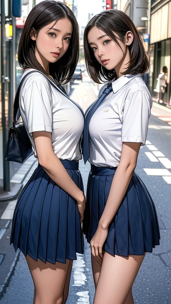 8K quality, Masterpiece, Bright lighting without shadows, Two slim, busty women standing side by side, Super big breasts compressed by clothes, Whitening skin, Sparkling Blue Eyes, Deep crimson sailor collar uniform, Pleated skirt, Above the knee, (Super big breasts squeezed tightly with hands:1.3), A posture where she bends forward to emphasize her huge breasts, White panties, Breast Grab, Eyes closed and mouth open