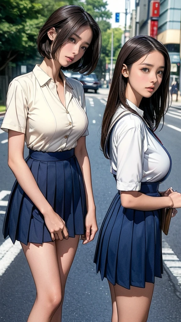 ((Highest quality)), ((masterpiece)), (Detailed boobs),(Very slim:1.7), (Perfect Face:1.8), (Perfect Eyes), (Very detailed), (Perfect detail) ,Very detailedな顔と肌の質感, (Perfect body), (Perfect Face), (((Two girls side by side:1.5))), Very detailedな目, (Junior High School Uniform), White shirt with front opening, Ultra short thigh-length dark blue pleated skirt, tie, Beautiful breasts, (Big Breasts:1.5),Very slim legs, short hair, (On a street corner in Tokyo, Outdoor), (Cowboy Shot), (No makeup:1.2)、(No makeup:1.5)、(Very thin thighs)、 (13-year-old girl:1.2)、Big eyes, ((Browsing Caution:1.0))