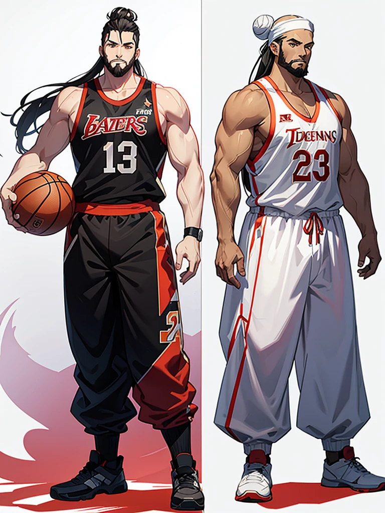 anime style, concept art, design works, three views, full body, white background, He is a stocky basketball player. He has a beard. He wears his long hair in a single bun,