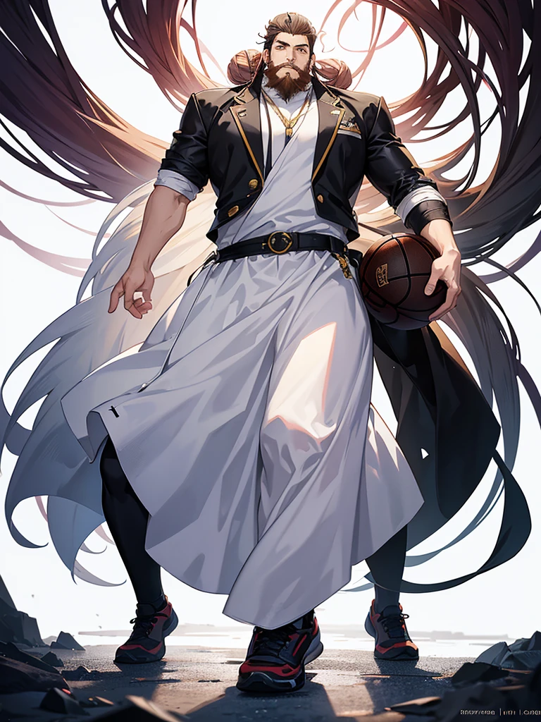 anime style, concept art, design works, three views, full body, white background, He is a stocky basketball player. He has a beard. He wears his long hair in a single bun, 