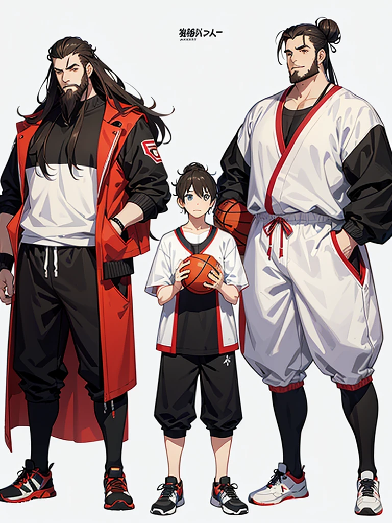 anime style, concept art, design works, three views, full body, white background, He is a stocky basketball player. He has a beard. He wears his long hair in a single bun,