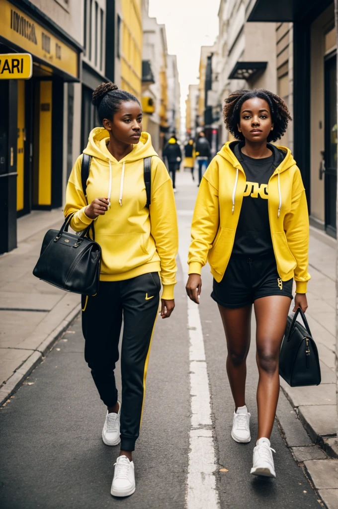 Une femme noire avec une afro portant un rouge à lèvre orange avec à ses oreilles des grosses boucles d’oreilles en or, vêtu une veste en velour rouge, un pantalon flaire en velour jaune et un t-shirt blanc et des bottines bleu, marchand dans la rue