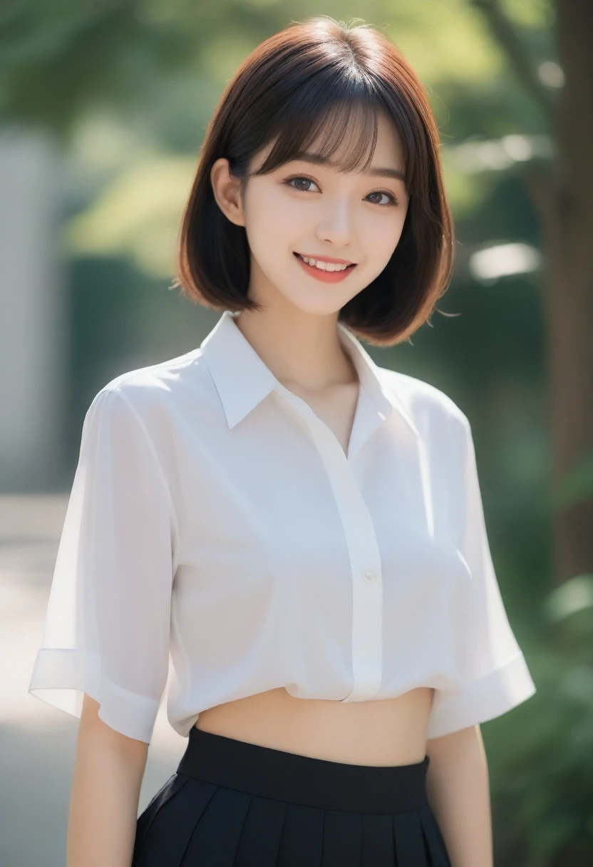 8K, Ultra-high resolution, best quality, masterpiece, 三分割法によるphoto,Surrealism, photo, 1 girl, (:1.3), pretty girl, Cute face, Beautiful eyes in every detail, 細かくdetailedに,masterpiece,, A girl:1.2, Japanese female announcer,whole body、Black Hair、Trimmed eyebrows、Cute lip makeup,garden,Ejection,summer,Shining Sunshine,Collared shirt,Pencil Skirt,Cute gestures、如此beauty,A carefree smile,Heal the mind,Bangs,Looking at the audience、beauty,Long Neck、Smile、Please close your mouth and smile、(((Ideal body shape))),A cup small breasts :2,、image:2、Perfect anatomical structure、鮮明なdetailed、detailed、Surrealism、Light and Shadow,glare