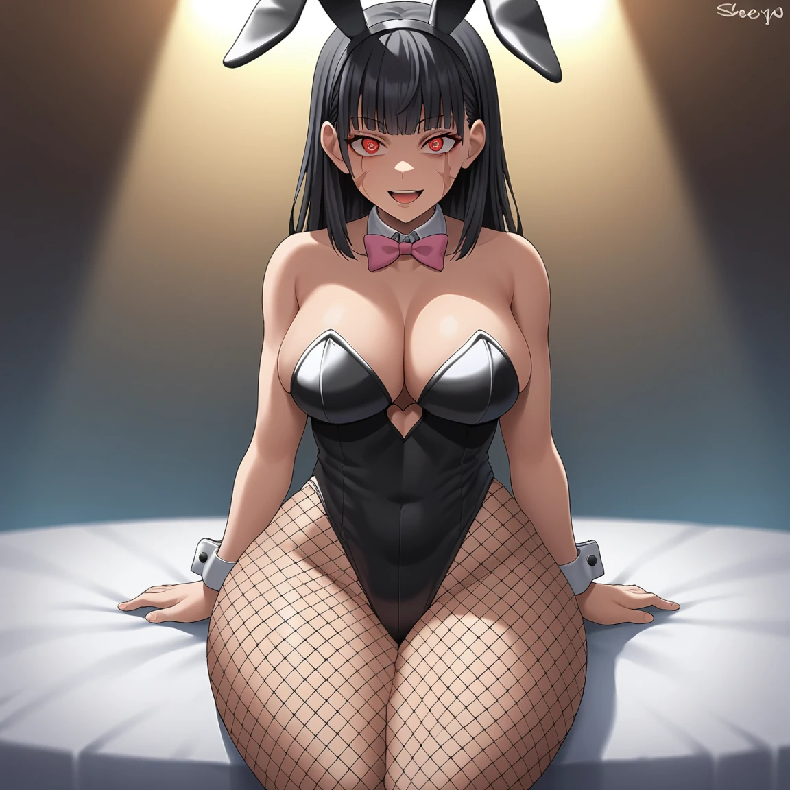 1girl, animal ears, fishnets, bunny ears, solo, black hair, playboy bunny, leotard, pantyhose, fishnet tights, bow, looking at viewer, red eyes, scar, fake animal ears, ringed eyes, scar on face, long hair, smile, bow tie, sitting, thick thighs, highlighted collar, black leotard, open mouth, cutout clothing, jacket, strapless, bare shoulders, blue bottom, fringe, strapless leotard, scar on the cheek, pink bow, heart cutout, big breasts,