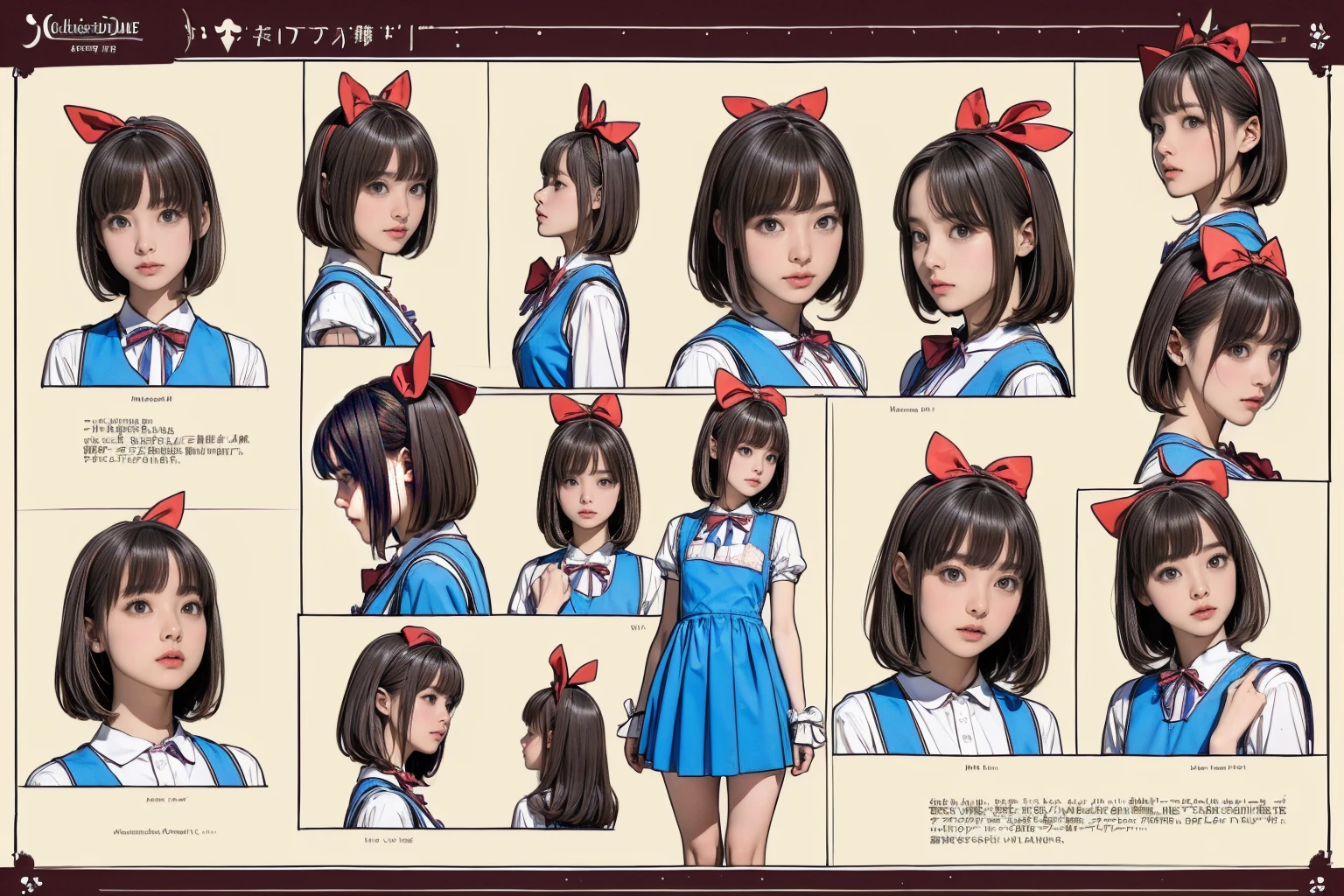 ((masterpiece)),(((Highest quality))),((Reference Sheet, Character Design, short hair, Facial Expressions)), 14-year-old girl, Cute type,  (Very slim:1.4), Big Breasts, Short Bob, (Thin thighs, Long legs), ((Alice in Wonderland, wearing a large ribbon on your head,,,)), (NSFW:1.3)