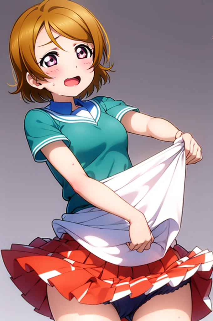 Koizumi_hanayo,Official Art,Perfect body,Perfect limbs,uniform,Drenched in sweat,Sweaty, Heavy breathing,Red face,Dull Hair,Disgust,anger, Are standing , Exposed armpits, Exposed crotch, Exposed groin, Exposed pubic bone,Ahoge,((Skirt Lift)), in full view
