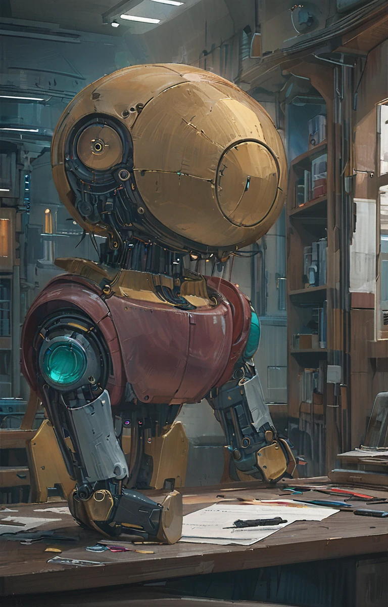 portrait of a household robot,leonardo da vinci style,masterpiece,high quality,ultra-detailed,physically-based rendering,realistic,photorealistic,photo-realistic:1.37,HDR,UHD,studio lighting,extreme detail description,vivid colors,dramatic lighting,chiaroscuro,cinematic composition,intricate mechanical details,sleek metallic surfaces,warm color palette,elegant and refined