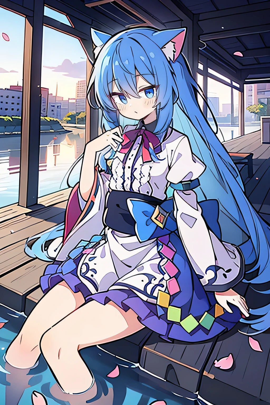 (masterpiece:1.2),Super detailed,lifelike,Expressive eyes,fair skin,perfect face shape,1 girl,
Japanese comics,Gorgeous blue hair,flowing blue hair,flowing clothes,Cat ears,Petals fall,beautiful lola,Baby Angel,
Shaking head with one hand,Cross your legs,,The pavilion is cool and comfortable,smile,back views,sunrise,Petals fall, winter,lie on the water,tokyo back views.