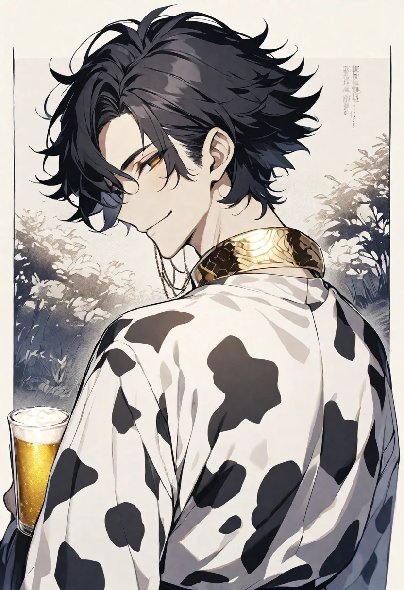 Solo,handsome, monotone,
1. male,
bangs,Bob Hair, mash hair ,the back of one's neck,
black hair,
Gojo Satoru ,
brown Eyes,Soft look,
beautiful,sexly,Darkness,gold necklace,
cow-patterned clothes,smile, drink beer,
simple background ,
meadow background,