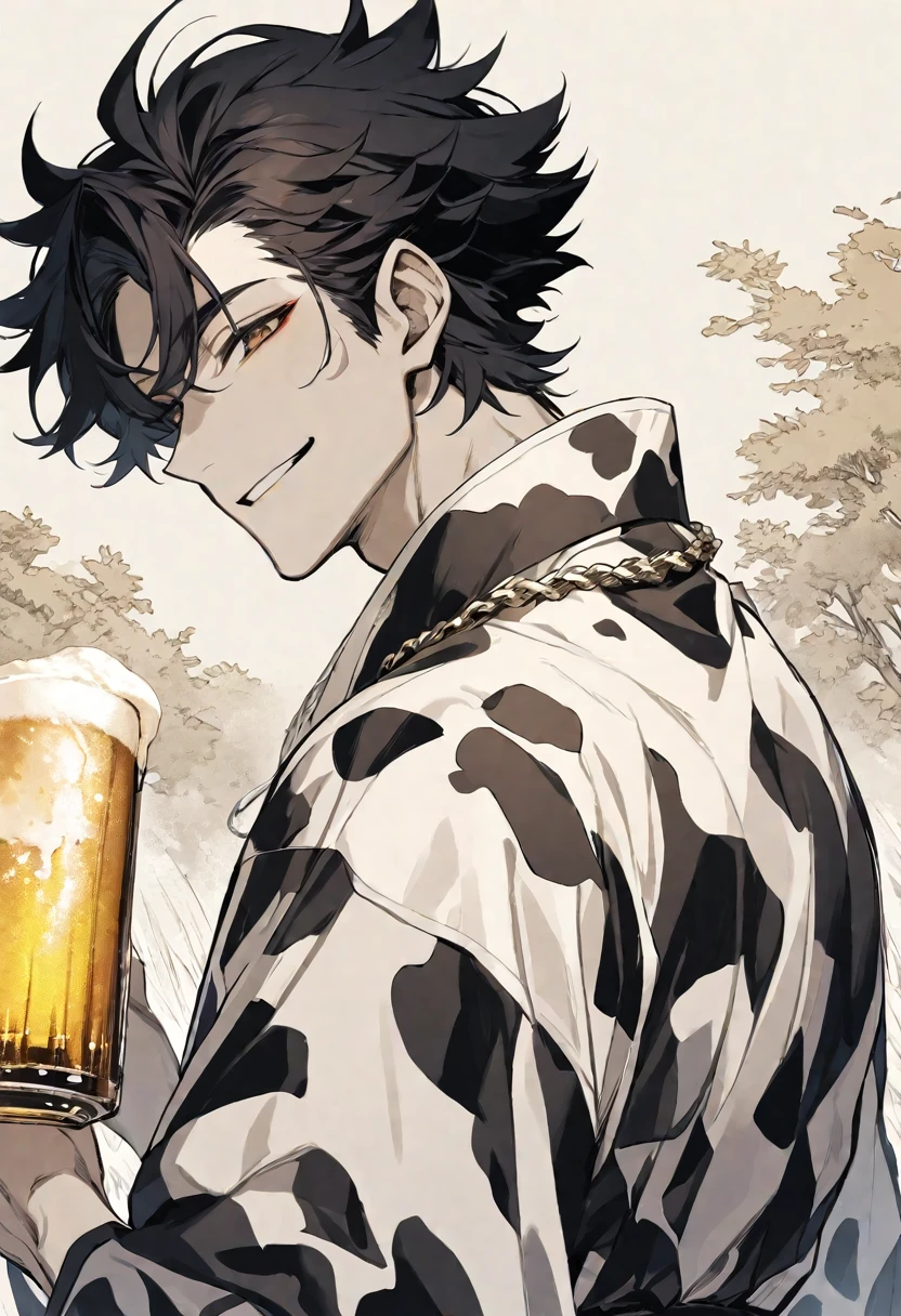 Solo,handsome, monotone,
1. male,
bangs,Bob Hair, mash hair ,the back of one's neck,
black hair,
Gojo Satoru ,
brown Eyes,Soft look,
beautiful,sexly,Darkness,gold necklace,
cow-patterned clothes,smile, drink beer,
simple background ,
meadow background,