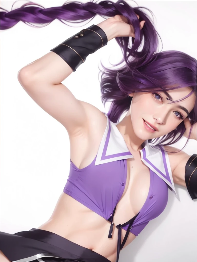 realistic, masterpiece, cinematic lighting, 8K, real life, real image details, intricate details, perfect color details, high brightness, medium contrast, hair shape details, eye image details, face shape details, real shining skin, a beautiful girl, long purple hair, middle bangs hair type, oval face shape, face blush, thin purple eyebrows, purple eyes, pink lips, open mouth, smiling, short purple collared sleeveless shirt, open buttoned shirt, sexy body, showing big chest, arms smooth upwards, smooth armpits, 5 perfect fingers, palms holding hair, black shorts