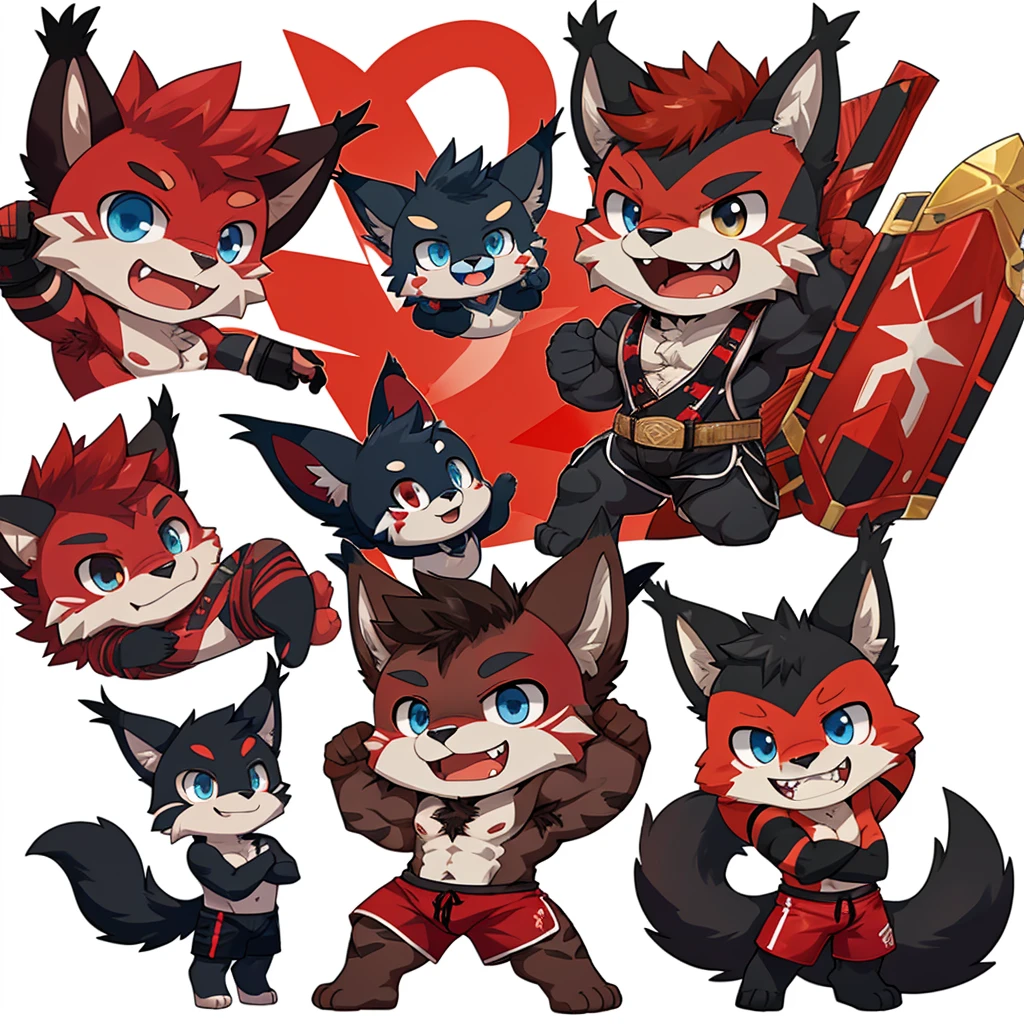 ((Furry lynx cat)), ((chibi)), chibi, chibi, chibi, chibi, body fully covered in black fur, ((fully covered in black fur)), ((black fur)), sharp fangs, sharp teeth, summer shorts outfit, cute, blue eyes, red chest hair, red eyebrows, red armpit hair, black nose, black tail, black tail with red tip, red whiskers, happy, smile, correct Anatomy, correct hand, ((white background)), (Acting happy), (hands up), enjoy, ((front view)), full body, sexy, (flexing), (muscle), black tail, black tail red tail tip, red eyebrows, red chest hair, red armpit hair, chibi, chibi, chibi, chibi