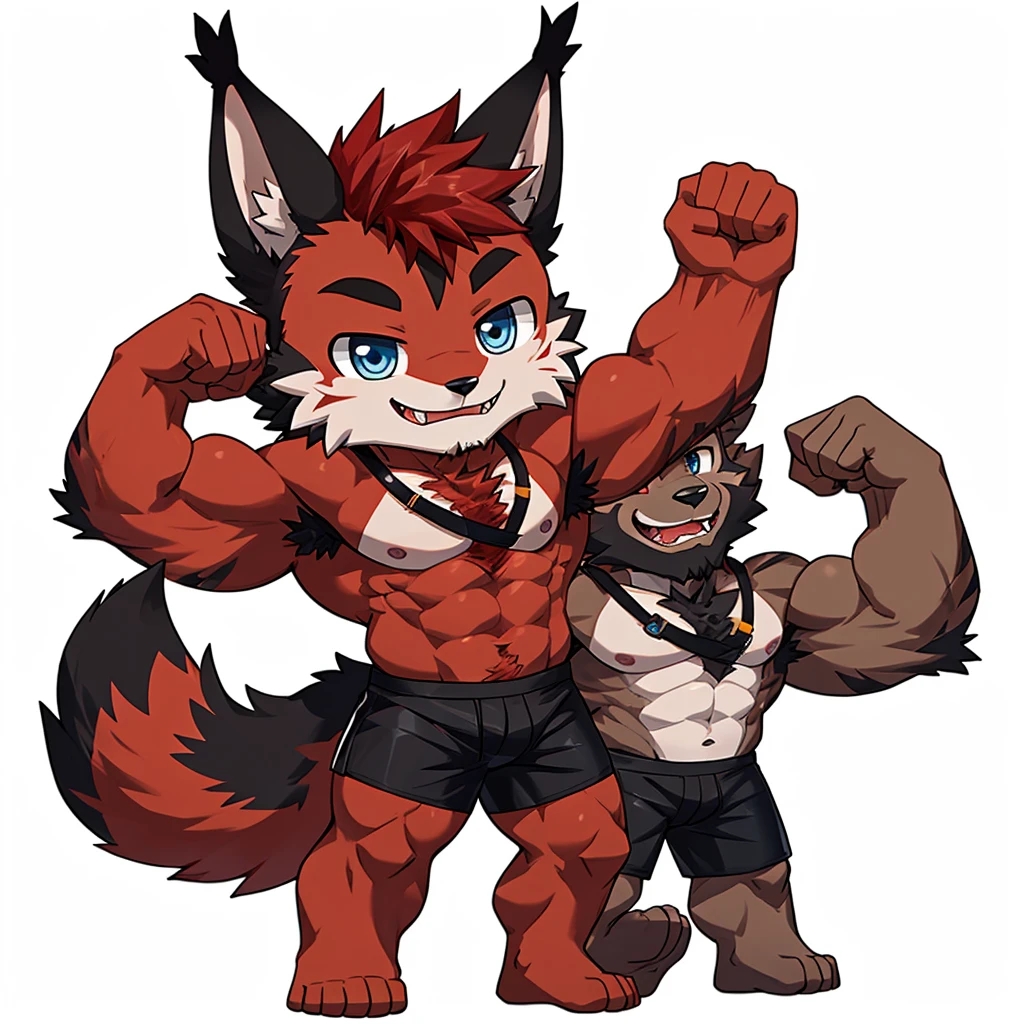 ((Furry lynx cat)), ((chibi)), chibi, chibi, chibi, chibi, body fully covered in black fur, ((fully covered in black fur)), ((black fur)), sharp fangs, sharp teeth, summer shorts outfit, cute, blue eyes, red chest hair, red eyebrows, red armpit hair, black nose, black tail, black tail with red tip, red whiskers, happy, smile, correct Anatomy, correct hand, ((white background)), (Acting happy), (hands up), enjoy, ((front view)), full body, sexy, (flexing), (muscle), black tail, black tail red tail tip, red eyebrows, red chest hair, red armpit hair, chibi, chibi, chibi, chibi