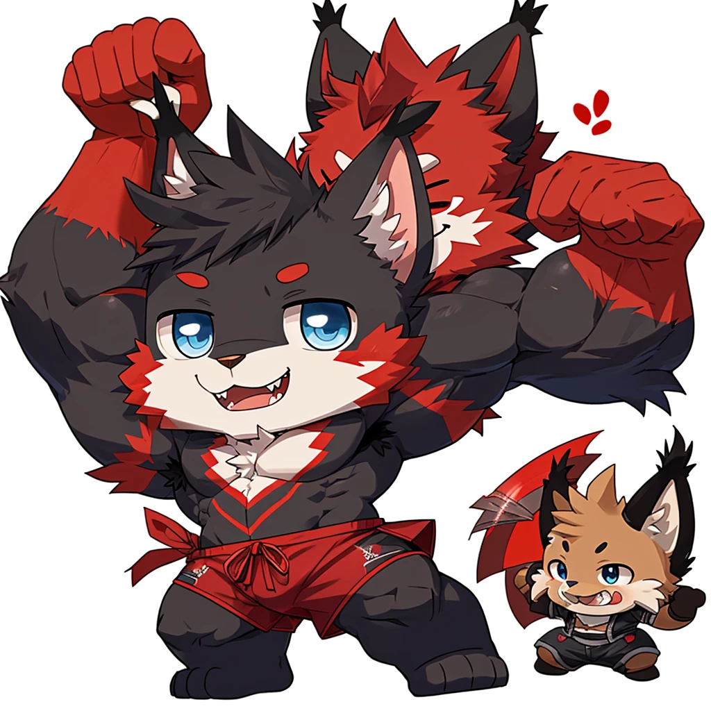 ((Furry lynx cat)), ((chibi)), chibi, chibi, chibi, chibi, body fully covered in black fur, ((fully covered in black fur)), ((black fur)), sharp fangs, sharp teeth, summer shorts outfit, cute, blue eyes, red chest hair, red eyebrows, red armpit hair, black nose, black tail, black tail with red tip, red whiskers, happy, smile, correct Anatomy, correct hand, ((white background)), (Acting happy), (hands up), enjoy, ((front view)), full body, sexy, (flexing), (muscle), black tail, black tail red tail tip, red eyebrows, red chest hair, red armpit hair, chibi, chibi, chibi, chibi